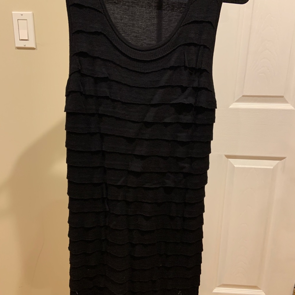 Espirit black ruffled sleeveless dress. Looks great with leather bomber.